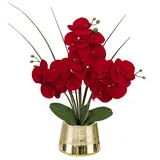 40CM Orchidee Künstlich Rot, Orchideen im Topf Silber, Kunstorchideen, Faux Orchideen Pflanze mit 14 Blüten, Künstliche Orchidee Bonsai für Hochzeits Deko Wohnzimmer Schlafzimmer Zimmerpflanzen