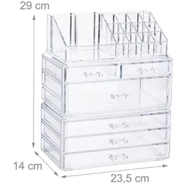 Relaxdays Kosmetikorganizer mit 6 Schubladen, 22 Fächer Make up Organizer, großer Kosmetiktower aus Acryl, transparent Standard