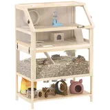 PawHut Hamsterkäfig aus Holz 3 Etagen 80x53x117cm Nagerkäfig mit Ablage Laufrad - Naturbelassen