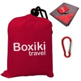 Boxiki Travel Kompakte Picknickdecke, wasserdicht, Stranddecke, leichte, zusammenklappbare Plane mit roter Tasche für unterwegs. Outdoor-Campingdecke mit Clip zur einfachen Befestigung