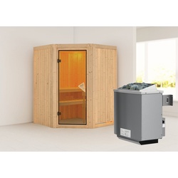 KARIBU Sauna Larin ohne Zierkranz und Beleuchtung am Dach Ofen 9 kW integr. Strg