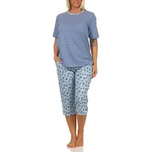 normann-wäschefabrik Eleganter Damen Capri Pyjama Schlafanzug mit Spitzenbesatz Blau 60-62