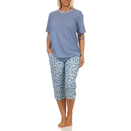 normann-wäschefabrik Eleganter Damen Capri Pyjama Schlafanzug mit Spitzenbesatz Blau 60-62