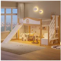 Merax Hochbett 90x200 cm mit LED-Beleuchtung, Kiefernholz (Jugendbett Einzelbett Hausbett, 1-St) Halbhohes Kinderbett mit Rutsche, Stauraumtreppe, Sicherheitsgeländer weiß