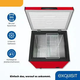 Exquisit Gefriertruhe, Kombigerät, 2-in-1, 99 Liter, Tiefkühltruhe, Kühlen, 4-Sterne-Gefrieren, Gefriertruhe klein, Toplader, Gefrierkorb, GT100-050E rot