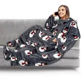 Pavilia Fleecedecke mit Ärmeln, Fußtaschen für Damen, Herren, tragbare Plüschdecke, Überwurf, warme Kuscheldecke, Bademantel, gemütliche Geschenkideen, Ehefrau, Mutter, Schneemanngrau - Fleece
