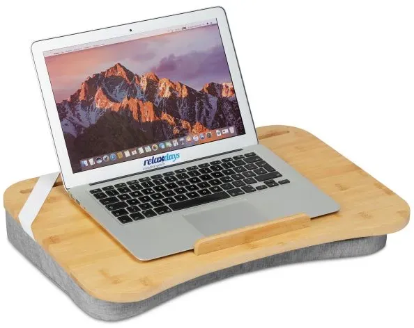 Relaxdays Graues Laptopkissen mit Bambusablage Hellbraun,Grau