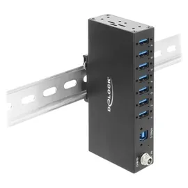 DeLock Industrie Hub 7 x USB 5 Gbps Typ-A mit 8 kV ESD Schutz und Hutschienenbefestigung - Schwarz
