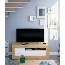 Dmora TV-Ständer Killeen, Wohnzimmer TV-Sideboard, TV-Ständer mit 2 Türen, 139x42h53 cm, Geknotete Eiche und Weiß