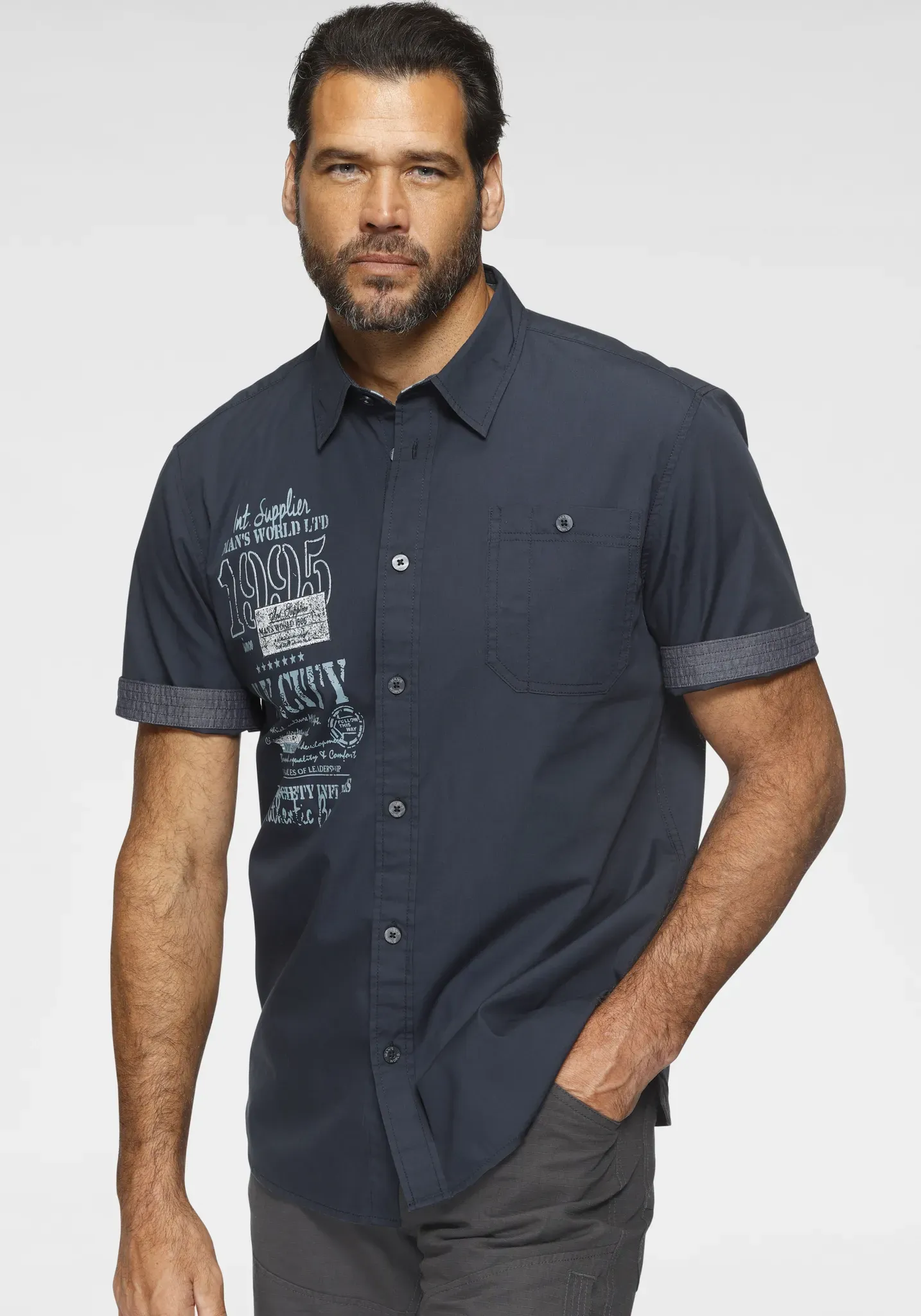 Kurzarmhemd MAN'S WORLD, Herren, Gr. 5XL (51/52), N-Gr, blau (dunkelblau), Obermaterial: 100% Baumwolle, bedruckt, unifarben, bequem, abgestepptes Bündchen, Hemden, mit Print, Topseller