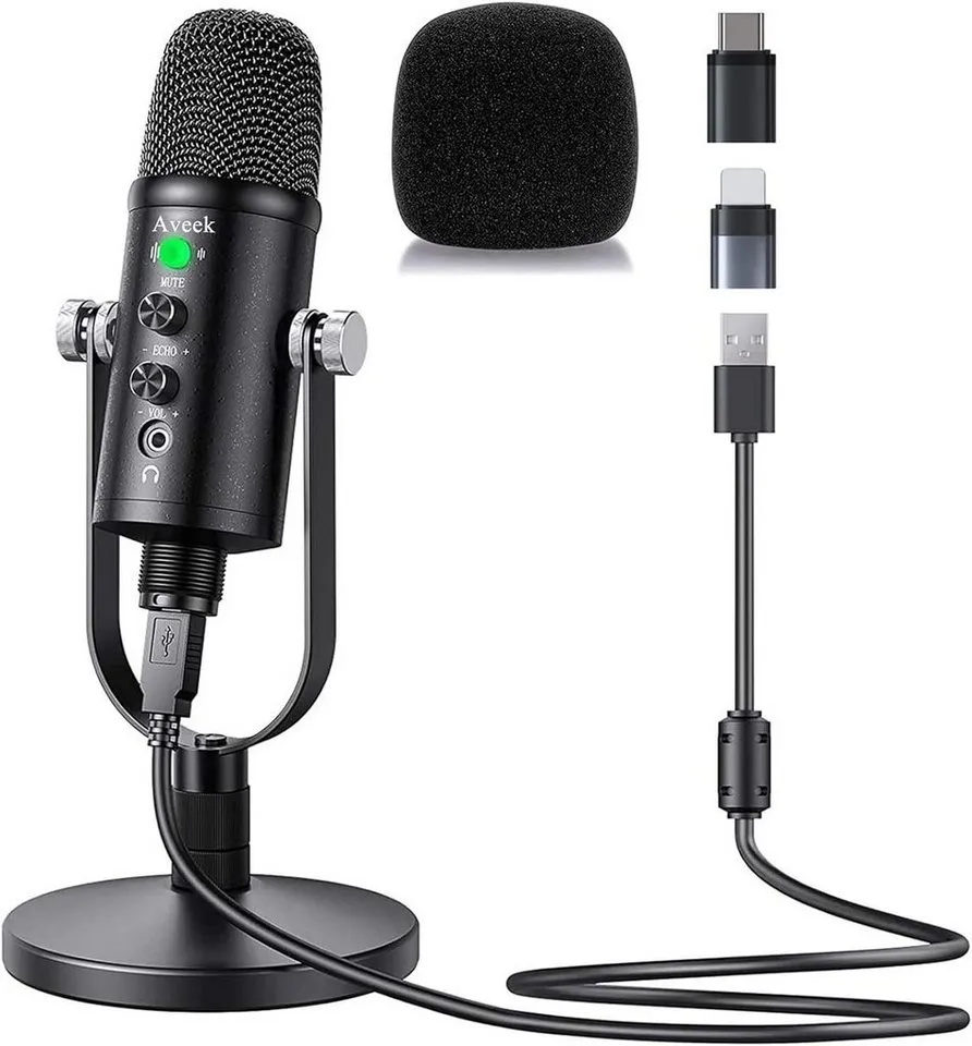 Aveek Streaming-Mikrofon, Kondensatormikrofon kompatibel mit Smartphone mit Geräuschunterdrückun schwarz