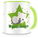 Samunshi® Kindertasse mit Namen Tasse Knuffige Katze Personalisierte Tasse mit Namen Kinder Kinderbecher mit Namen Kindergarten grün 300ml