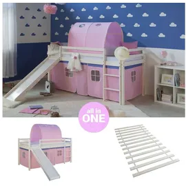 Homestyle4u Hochbett 2554 90 x 200 cm Kiefer weiß rosa