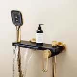 Generisch Badewanne Armatur Badewannenarmatur Wasserfall Badarmatur Badewannen Mischbatterie Wandmontage Badewannenarmatur mit 3 Modi Handbrause Gold + Schwarz