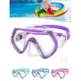 JATEKA Taucherbrille Kinder, Schnorchelmaske 4-10 Jahre, Tauchmasken mit Silikon-Nasenabdeckung, Schwimmbrille Kinder 180°Panorama-HD-Gehärtetes-Glas, Lila
