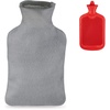 Wärmflasche mit Bezug, Flauschige Kuschelwärmeflasche, 1,5l Bettflasche, geruchsneutraler Naturgummi, grau/rot, 1 Stück