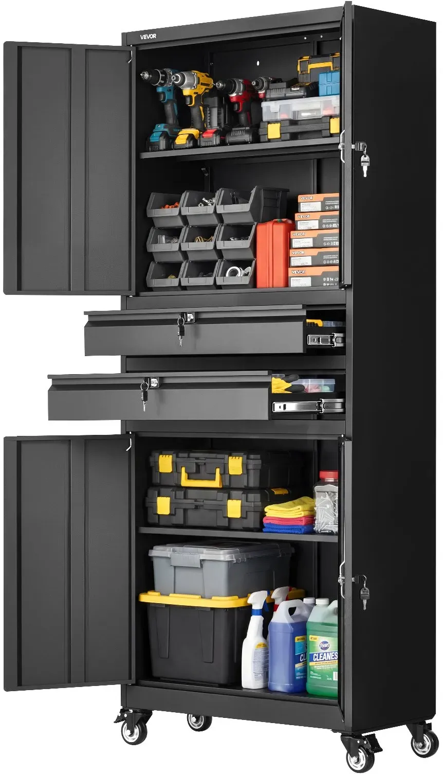 VEVOR Metall Aufbewahrungsschrank, Garagenschrank mit 4 Türen 2 Schubladen 4 Rollen 2 Verstellbaren Regalen, 1905mm Hochschrank 81,5kg Belastbar, Mehrzweckschrank für Garage Büro Werkstatt, Schwarz