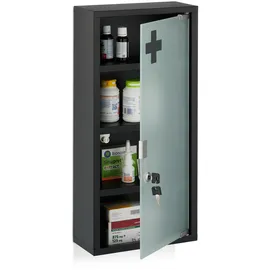 Relaxdays Medizinschrank, 4 Fächer, HxBxT: 57 x 27 x 12 cm, abschließbarer Medikamentenschrank, Stahl, Glastür, schwarz