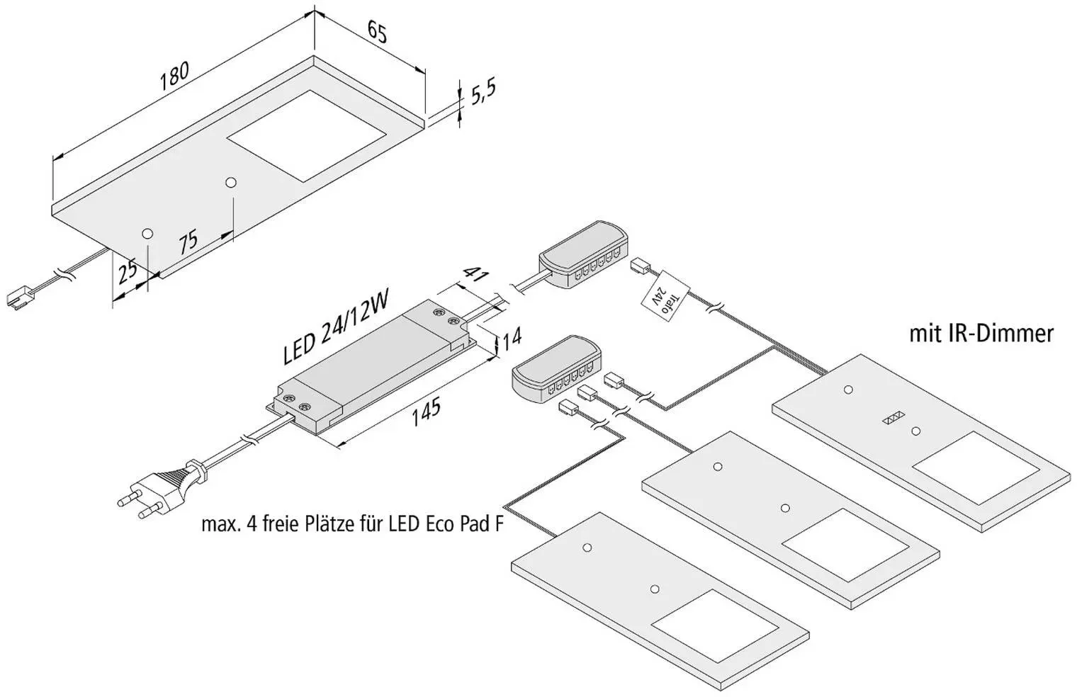 Hera LED-Unterbaulampe Eco-Pad F 3x-Set 3.000K schwarz F, dimmbar, schwarz, für Küche, Aluminium, Modern, Unterschrankleuchten - 18 cm - 6.5 cm - 0.55 cm