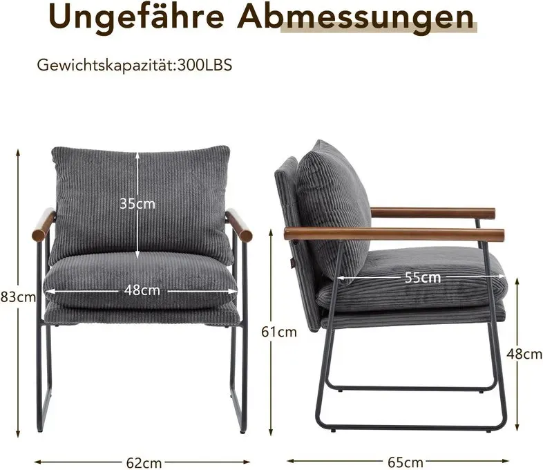Ckaff Extra Großer Ohrensessel Wohnzimmerstuhl 65x62x83cm, Sessel?Lounge Sessel?Liegestuhl mit Metallrahmen und Polsterung, Bouclé Gepolsterter Sessel für Wohnzimmer Schlafzimmer, Cord, Grau, 1 Stück