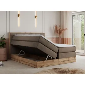 MKS Meble King Boxspringbett 180x200 mit Bettkasten Eiche, Polsterbett 180x200 mit Matratze H4, Bett 180x200 mit Kopfteil, Bett mit Holzrahmen in W... - Braun