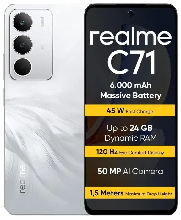 realme C71 Smartphone 8+256 GB, 6.000 mAh Akku, 45 W Schnellladung, Display mit 120 Hz Sehkomfort, Weiß
