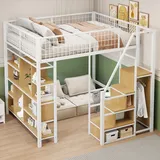 Multifunktionales Hochbett 140 X 200 Cm, Metallbett Mit Stauraum, Ablageflächen Und Treppe, Erwachsenenbett Und Kinderbett, Weiß, Alte Sku Ldb00273aak