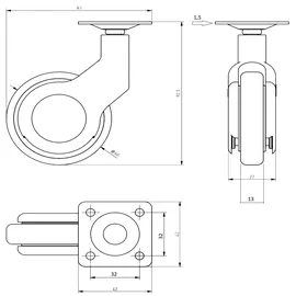 MS Beschläge Ø Schwarze Moderne Möbelrolle Ø 60mm Kunststoffrolle Lenkrolle Bodenschonend