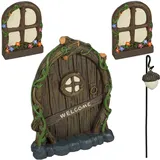 Relaxdays Feentür, 4-tlg. Set, 2 Wichtelfenster, 1 Wichtellicht, wetterfeste Gartendeko, Wichteltür, Kunststein, bunt