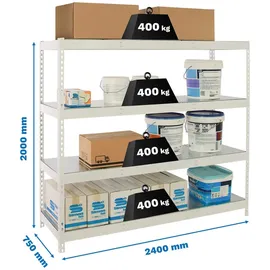 Proregal Schwerlastregal Metal Beast Four HxBxT 200x240x75cm | Fachlast 400kg | Weiß