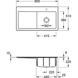 Villeroy & Boch Subway Style 50 rechts Einbauspüle keramik almond Excenterbetätigung 900 x 510 mm