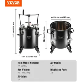 Vevor Druckbehälter für Sprühfarbe, 20 L Druckbehälter, 70 psi einstellbarer Druck, Druckbehälter-Farbbehälter mit Rollen und Dichtmittel zur Leckreparatur, für Heimdekoration und Industrielackierung