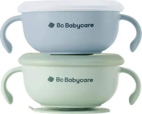 Bc Babycare Saugnapfschüssel mit Strohhalm, BPA-frei, Grün + Blau
