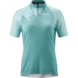 Radtrikot GONSO "LESIMA", Damen, Gr. 42, blau (türiks), 92% Recyceltes Polyester, 8% Elasthan, Rundhals, Kurzarm, Trikots, Damen MTB-Radshirt kurzarm, leichtes Fahrradtrikot mit RV-Tasche