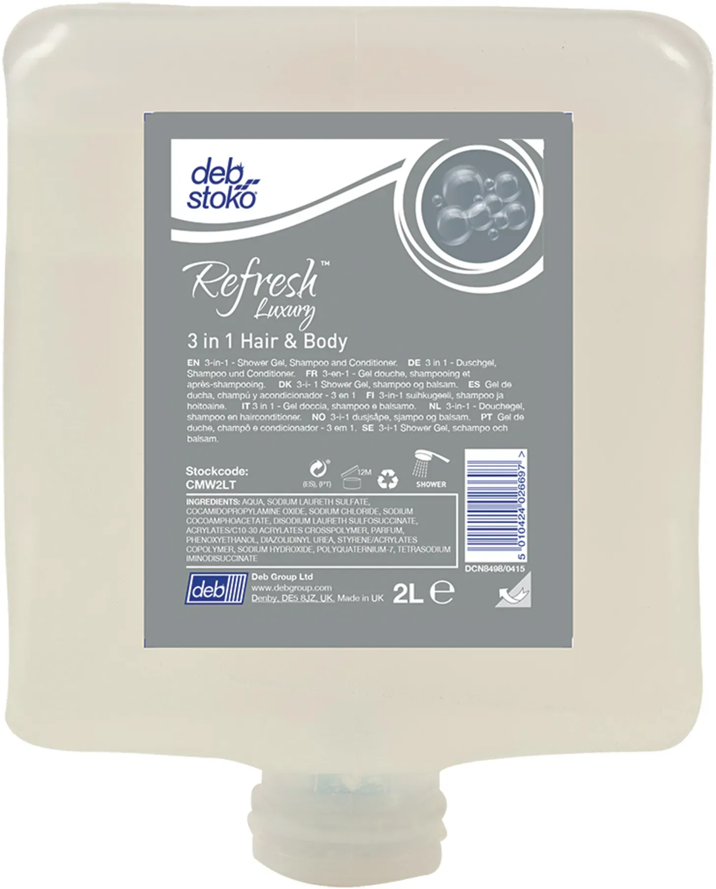 Deb Stoko Refresh Luxury 3-in-1 Hair & Body Duschcreme, Shampoo und Conditioner 4 x 2 l Kartusche