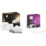 Philips Hue White E27 2er Starter Set inkl. Smart Button und Hue Bridge, 2x1055lm & White & Col. Amb. Lightstrip Plus 2m Basis, 1600lm, 16 Mio. Farben