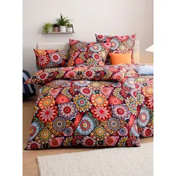 Bettwäsche WÄSCHEPUR Gr. 5, bunt (schwarz, rot, bedruckt), B/L: 135cm x 200cm, , Feinbiber, B/L: 80cm x 40cm, Feinbiber, 100% Baumwolle, Bettwäsche