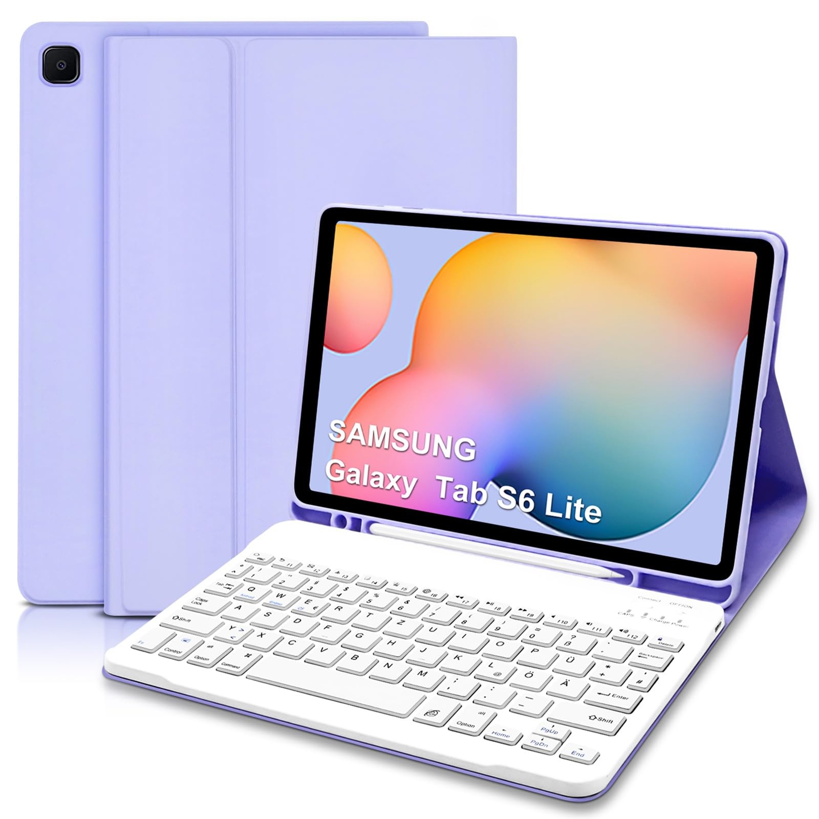 Samsung Galaxy Tab S6 Lite Hülle mit Tastatur, Schutzhülle mit Pencil Halter Wireless Tastatur (QWERTZ Deutsches Layout) für Galaxy Tab S6 Lite 10,4 2022/2020(P610/P613/P615/P619),Helles Lila