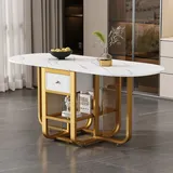 Flieks Esstisch Esszimmertisch Ausziehbar, Küchentisch mit Schublade und Ablagen, Stehtisch Oval, Tisch Esszimmer mit Metallbeinen, 160x80x78, Wei... - Weiß/Gold