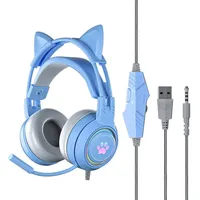Tadow Kabelgebundenes Gaming-Headset,Gradient Glow Headset,Cat Ear Headset Gaming-Headset (Abnehmbare Katzenohren,Kopfhörer mit beleuchteter Katzenpfote) blau