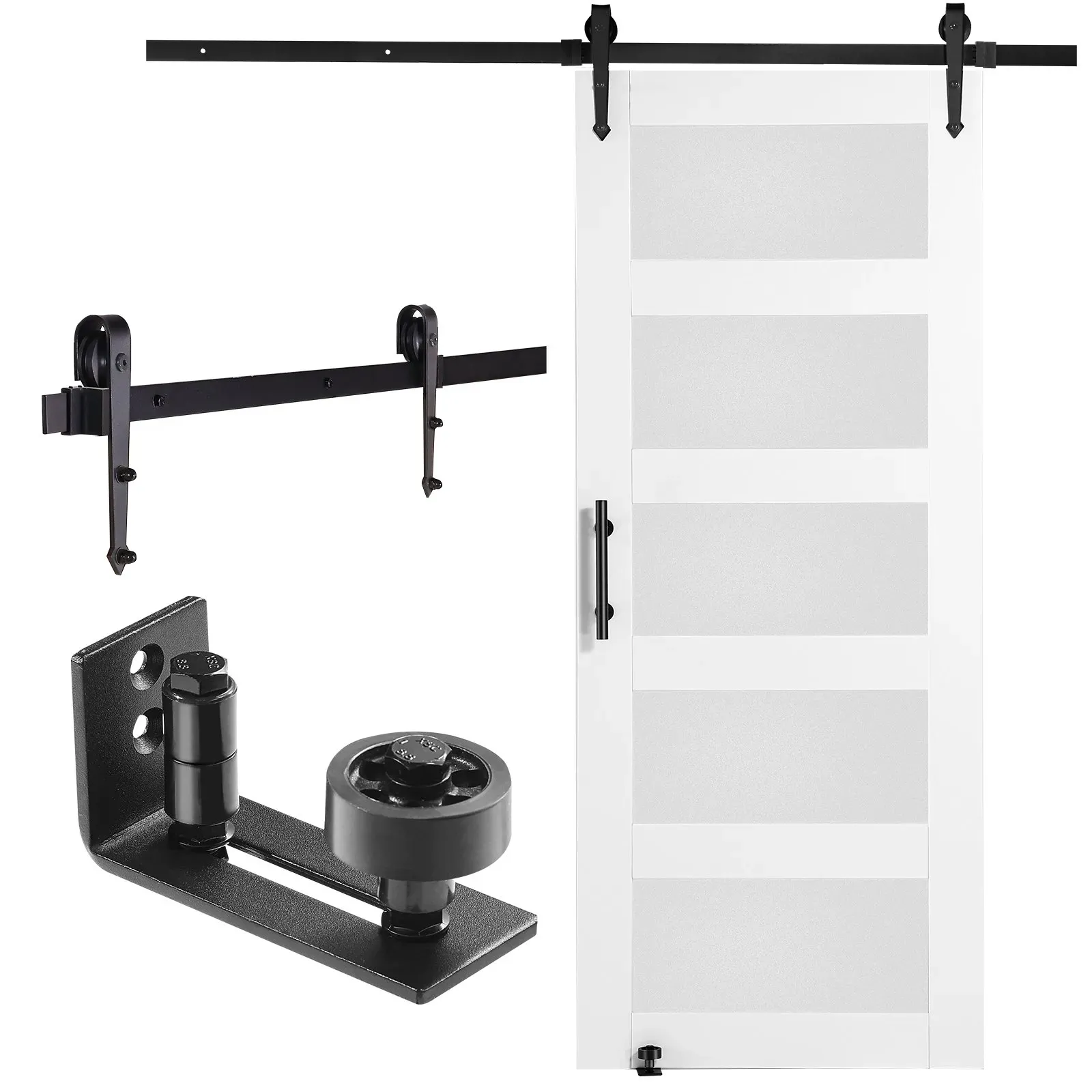VEVOR Scheunentor und Hardware-Set Schiebetürsystem, 762 x 2134 mm Holz-Glas-Schiebetor, leise, Scheunentor-Set mit 8-in-1-Bodenführung und Türgriff, Fichtenholzplatte und Milchglas, Wohnzimmer