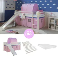 Hochbett 90x200 cm Weiß Matratze Rutsche Kinderbett Rosa Tunnel Bett Homestyle4u