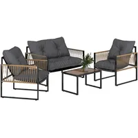 Outsunny 4 TLG. Rattan Gartenmöbel-Set, Sitzgruppe mit Kissen, Gartengarnitur mit 1 Couchtisch aus Glas, 2 Sesseln, 1 Doppelsofa, Sitzgarnitur für Garten, Terrasse, Stahl, Braun