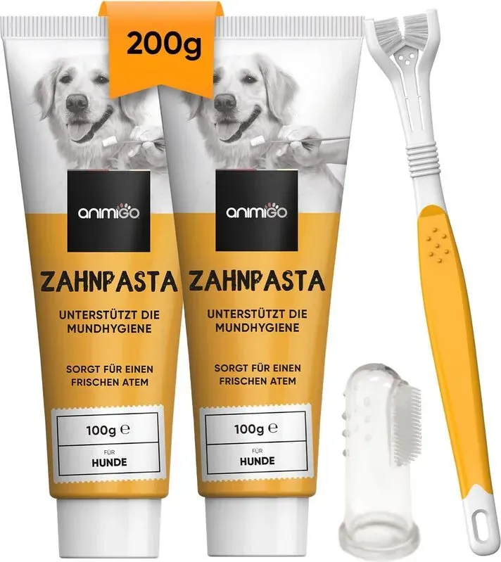 Animigo Hundezahnpasta 2 x 100 g, mit 3-flügliger Zahnbürste & Fingerspülbecher, Pfefferminze, Anti-Plaque & Anti-Zahnstein, fluorid- & xylitolfrei, ohne Zuckerzusatz, für Hunde