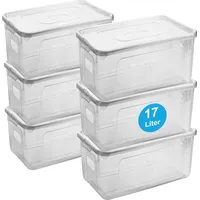 Centi Aufbewahrungsbox mit Deckel 17L, transparent, 6er-Set, platzsparend und