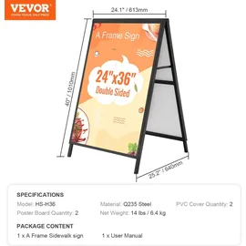 Vevor Kundenstopper Gehwegaufsteller Werbetafel 61 x 91 cm, Plakatständer Q235-Stahl Plakatständer mit A-Rahmen, Werbeaufsteller Gehwegaufsteller für Restaurants, Bars, Cafés, Unternehmen usw.