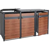 MCW 3er Mülltonnenverkleidung MCW-J82, Mülltonnenbox, erweiterbar, Metall 80kg, anthrazit ~ Kirsche-Holzoptik dunkelbraun