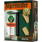 Jägermeister Geschenkset – 1 x 0,7l Premium Kräuterlikör 35% Vol. mit 2 goldenen Shotgläsern à 2cl – 56 erlesene Kräuter – Kalt mazeriertes Elixier – Im Eichenfass gelagert