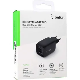 Belkin BoostCharge Pro USB-C-GaN-Ladegerät mit zwei Anschlüssen und PPS (65W) (WCH013vfBK)