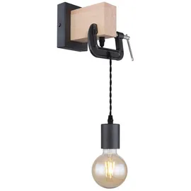 ETC Shop Wandleuchte hängend Wandlampe aus Holz mit Schraubzwinge Schwarz, 1x E27, Textilkabel schwarz, 14x28x15cm, Flur Schlafzimmer Treppenhaus Wohnzimmer